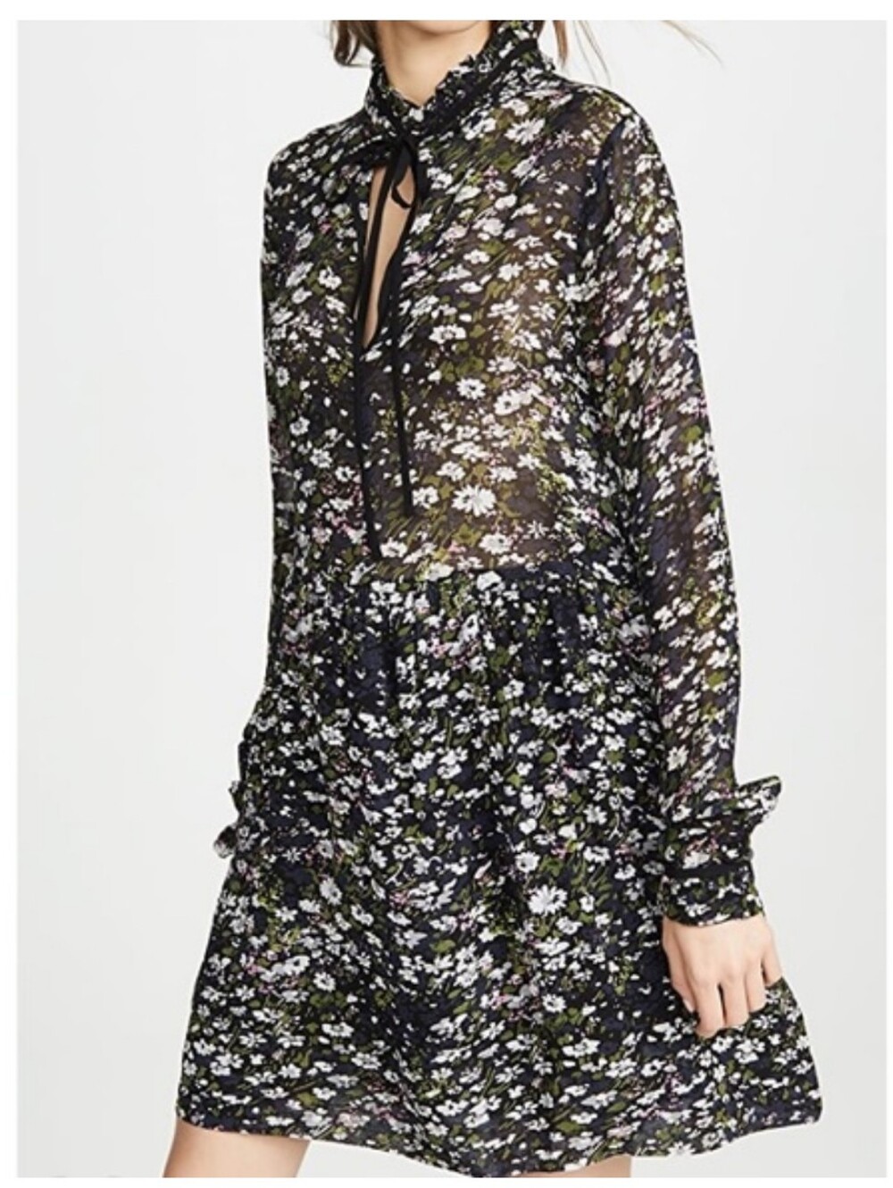 GANNI Women's Black Georgette Floral Long Sleeve Mini Dress